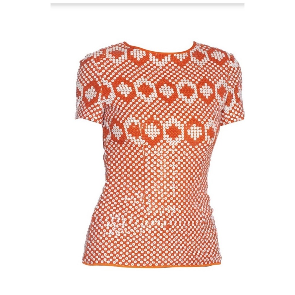 Vintage  Pierre Cardin 1960s Orange & White Sequin Geometric Silk Op Art Mod Top - Picture 2 of 9
